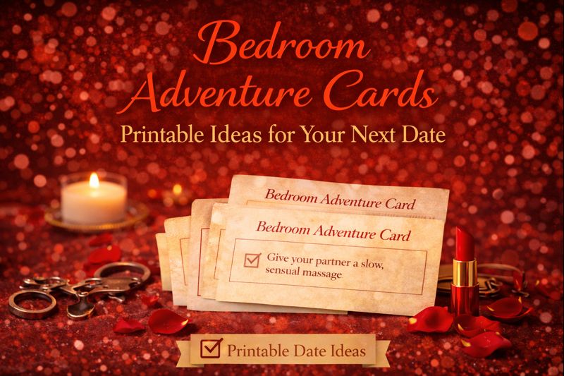 A set of printable bedroom adventure cards displayed on a red glittery background with a lit candle, handcuffs, petals, lipstick, and a note suggesting a sensual massage.