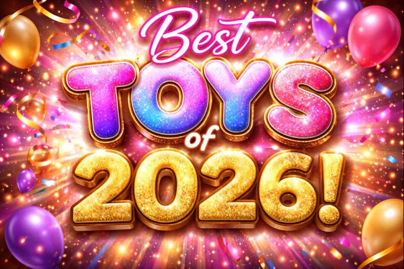 Colorful graphic with the text "Best Toys of 2026!" surrounded by balloons, confetti, and sparkles on a vibrant background-perfect for discovering shared pleasure toys designed for excitement and connection.