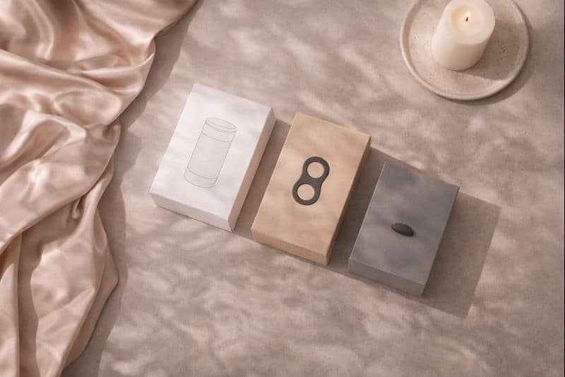Three minimalist product boxes are arranged on a textured surface next to a lit candle and beige satin fabric, setting the mood for exploring group play sex toys.