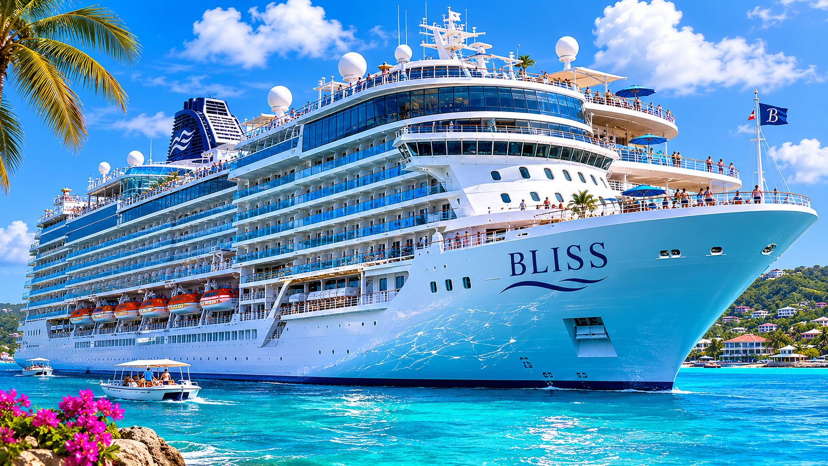 A large cruise ship on calm Caribbean waters, guests visible on deck enjoying a lifestyle cruise event.