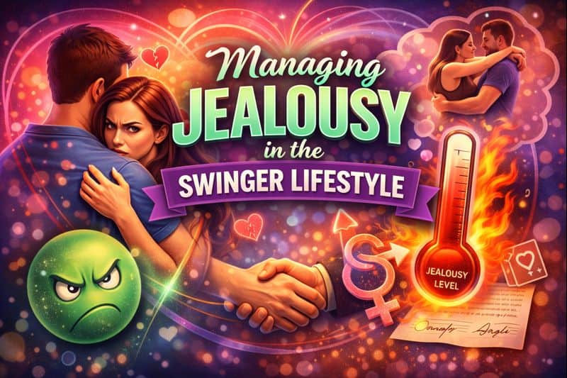 A couple embraces with concerned expressions, surrounded by imagery of swinger jealousy, a thermometer labeled 