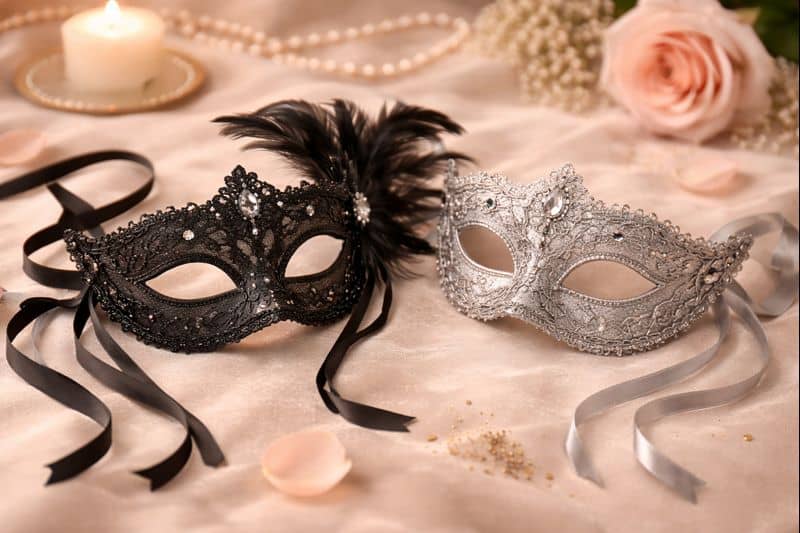 A black and a silver masquerade mask with ribbons lie on a satin surface, surrounded by rose petals, pearls, a lit candle, and a pink rose-creating the perfect setting for a fantasy negotiation for couples.