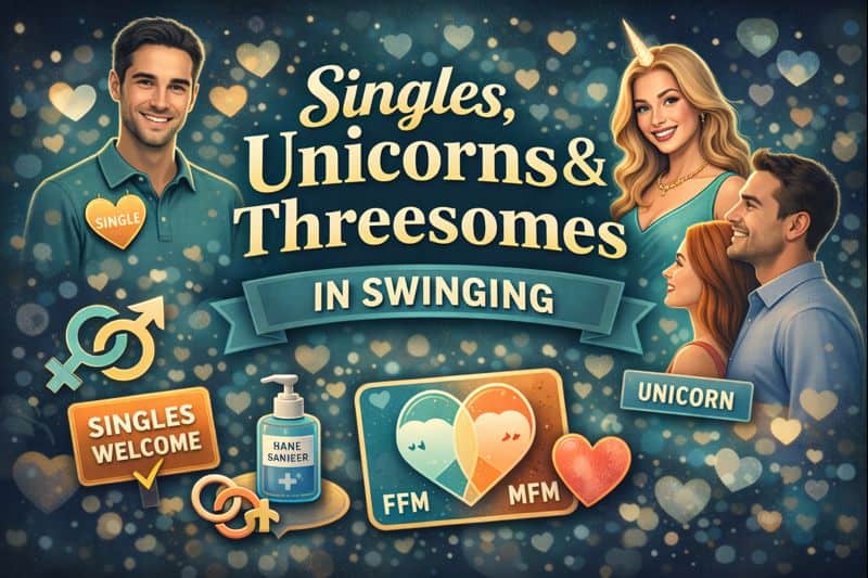 An illustrated poster showing singles, couples, and a woman with a unicorn headband, promoting singles, unicorns, and threesomes in swinging-with symbols related to swinger health safety and privacy in swinging.