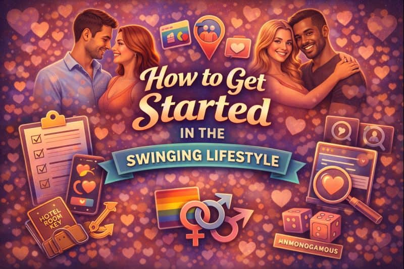 Illustration of two couples with icons of hearts, checklists, hotel keys, dice, and gender symbols, plus the text 