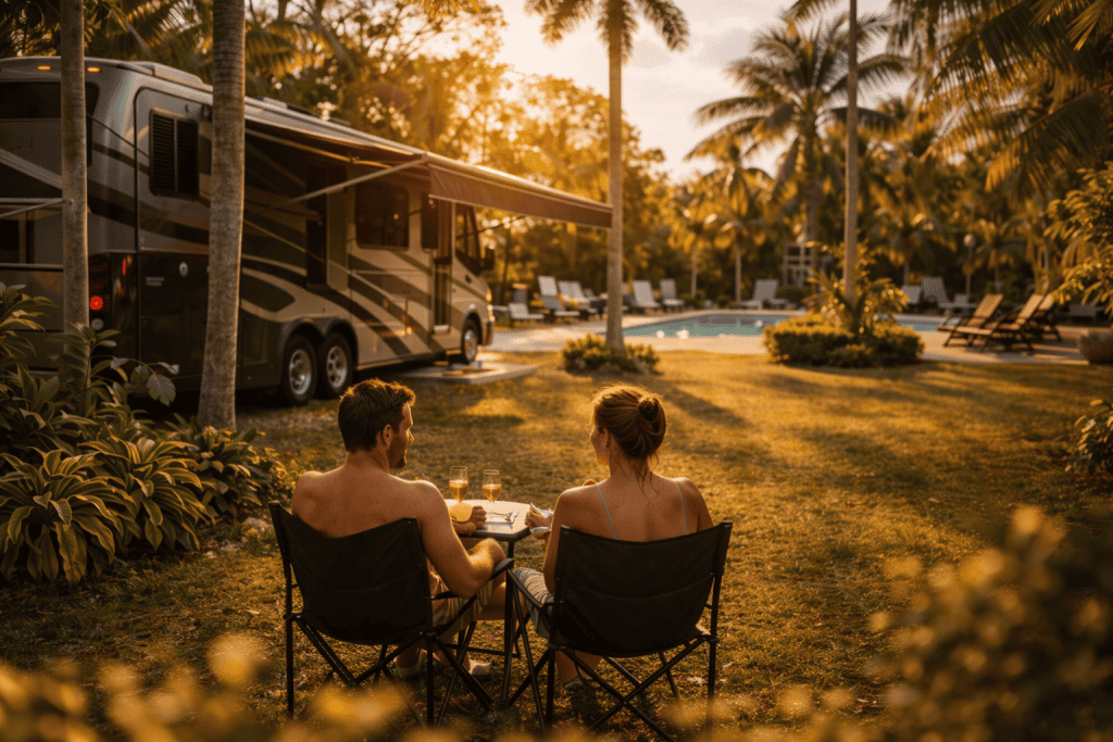 A man and woman sit in camping chairs beside an RV, dining outdoors at sunset with a pool and palm trees in the background-capturing the relaxed vibe found at top Florida Swinger RV Resorts featured in the 2026 Guide.