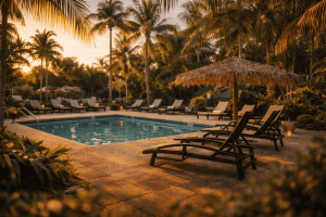 Outdoor pool surrounded by lounge chairs, palm trees, and a thatched umbrella at sunset creates a serene tropical atmosphere-an ideal retreat featured in the 2026 Guide to Florida’s top Swinger RV Resorts.