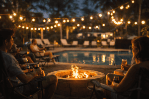 People sit in chairs around a fire pit beside a swimming pool at night at Swinger RV Resorts in Florida, with string lights overhead and drinks in hand-a perfect scene for your 2026 Guide.