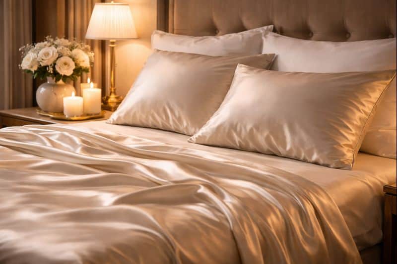 A neatly made bed with cream-colored satin sheets and pillows, beside a nightstand with a lamp, white flowers, lit candles, and discreet toys for couples plus one-perfect for adding excitement to your evening.