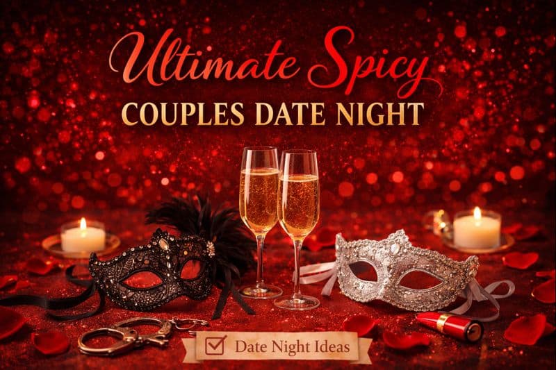 Two masquerade masks, champagne glasses, candles, rose petals, and handcuffs on a red glittery background with the text 
